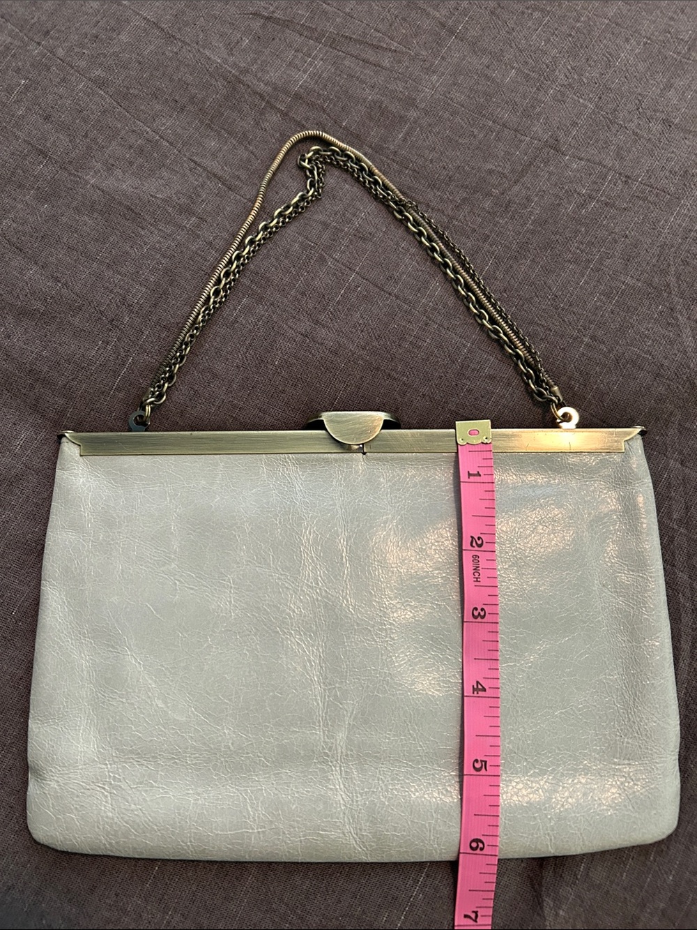HOBO Pale Gray Leather Frame Clutch with Brass Chain - Picture 3 of 9